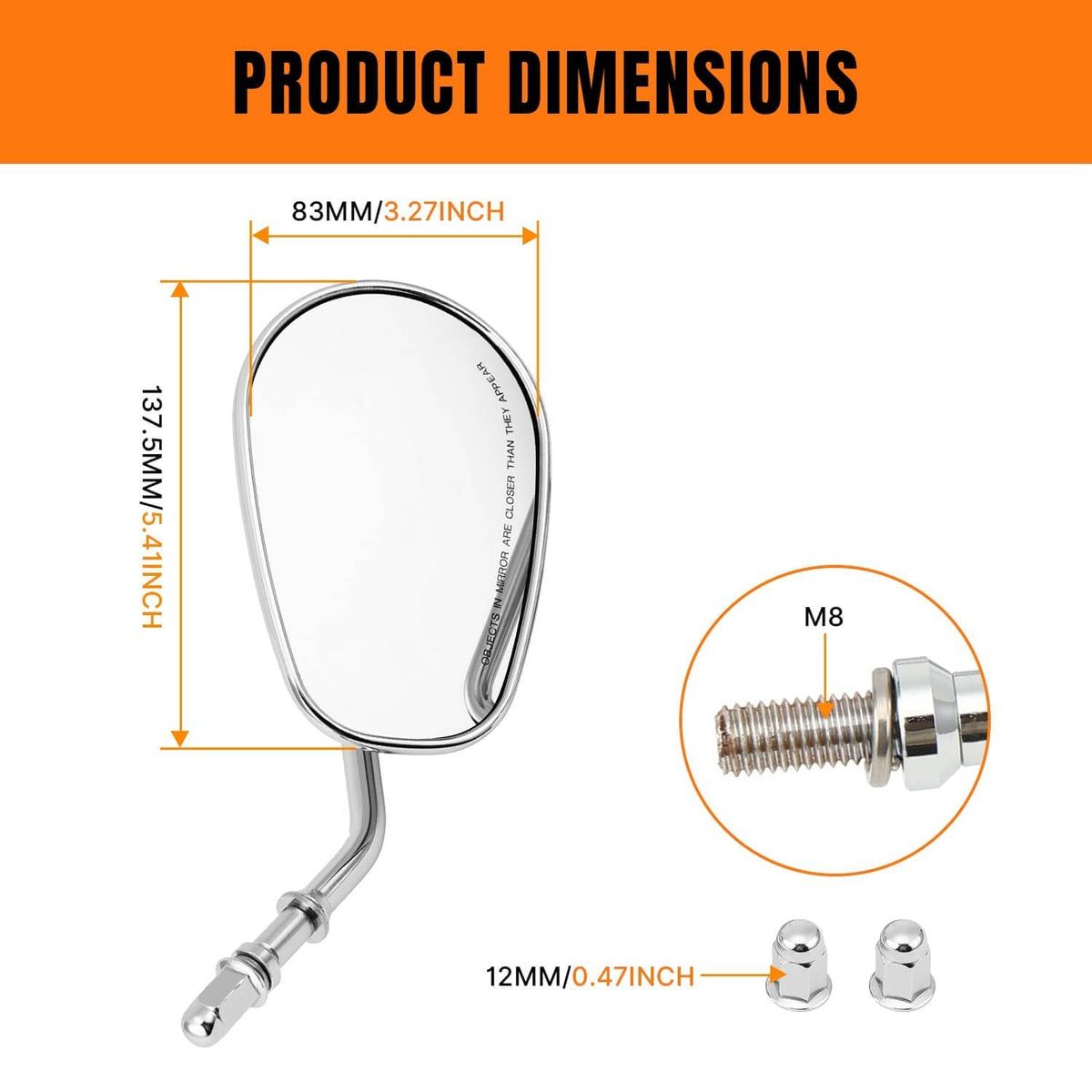 Chrome oval rearview mirror with dimension graphic and M8 mounting insert