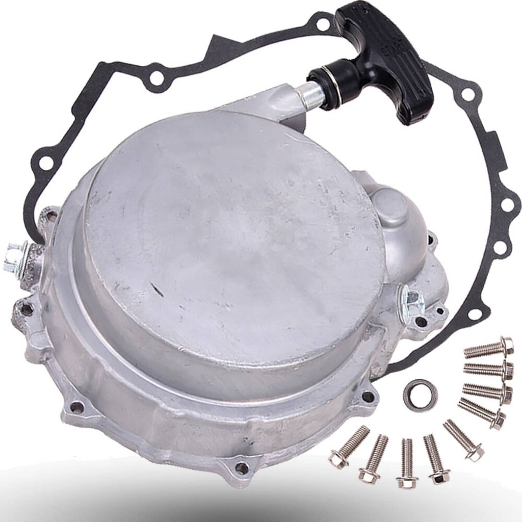 Recoil starter assembly with silver cover, black pull handle, gasket, and bolt kit