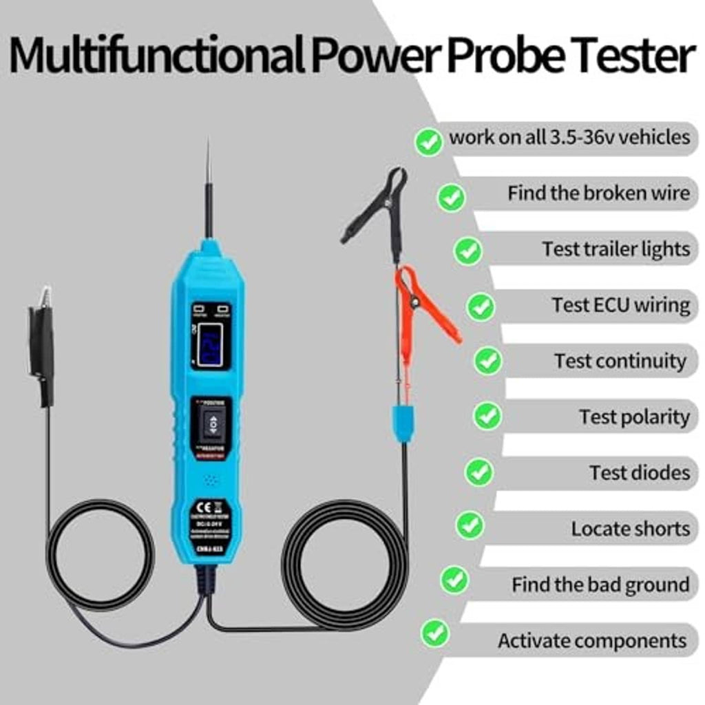 Multifunction automotive power probe tester with blue meter, ground wire, and clips
