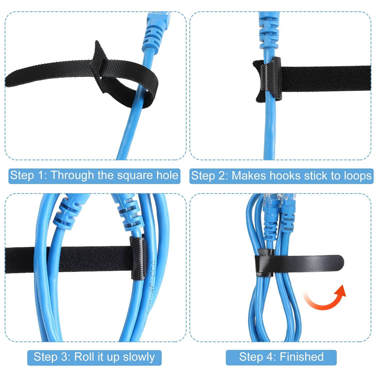 Black reusable cable tie securing blue cables with hook-and-loop closure