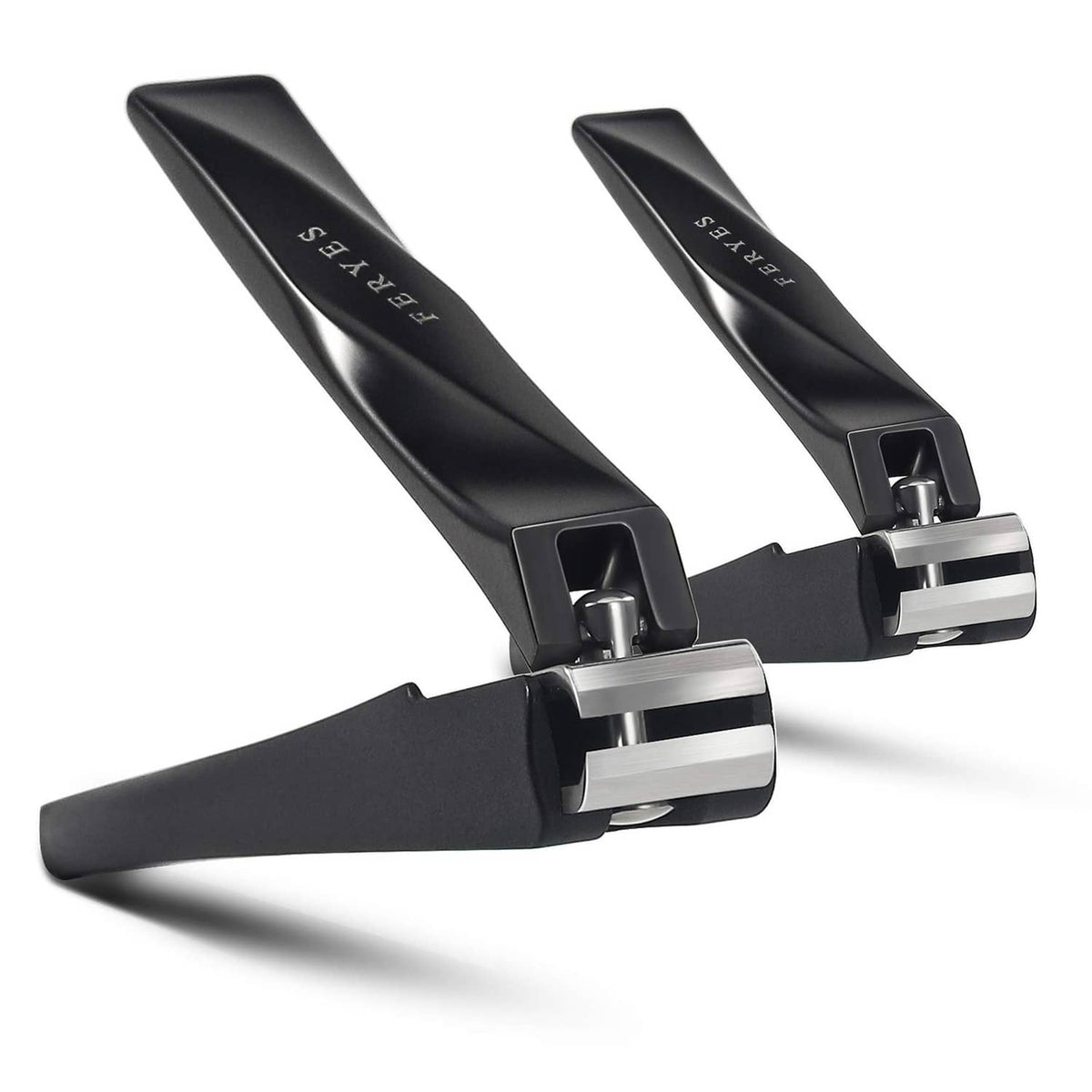 Black nail clipper set of two with silver cutting heads and curved lever handles