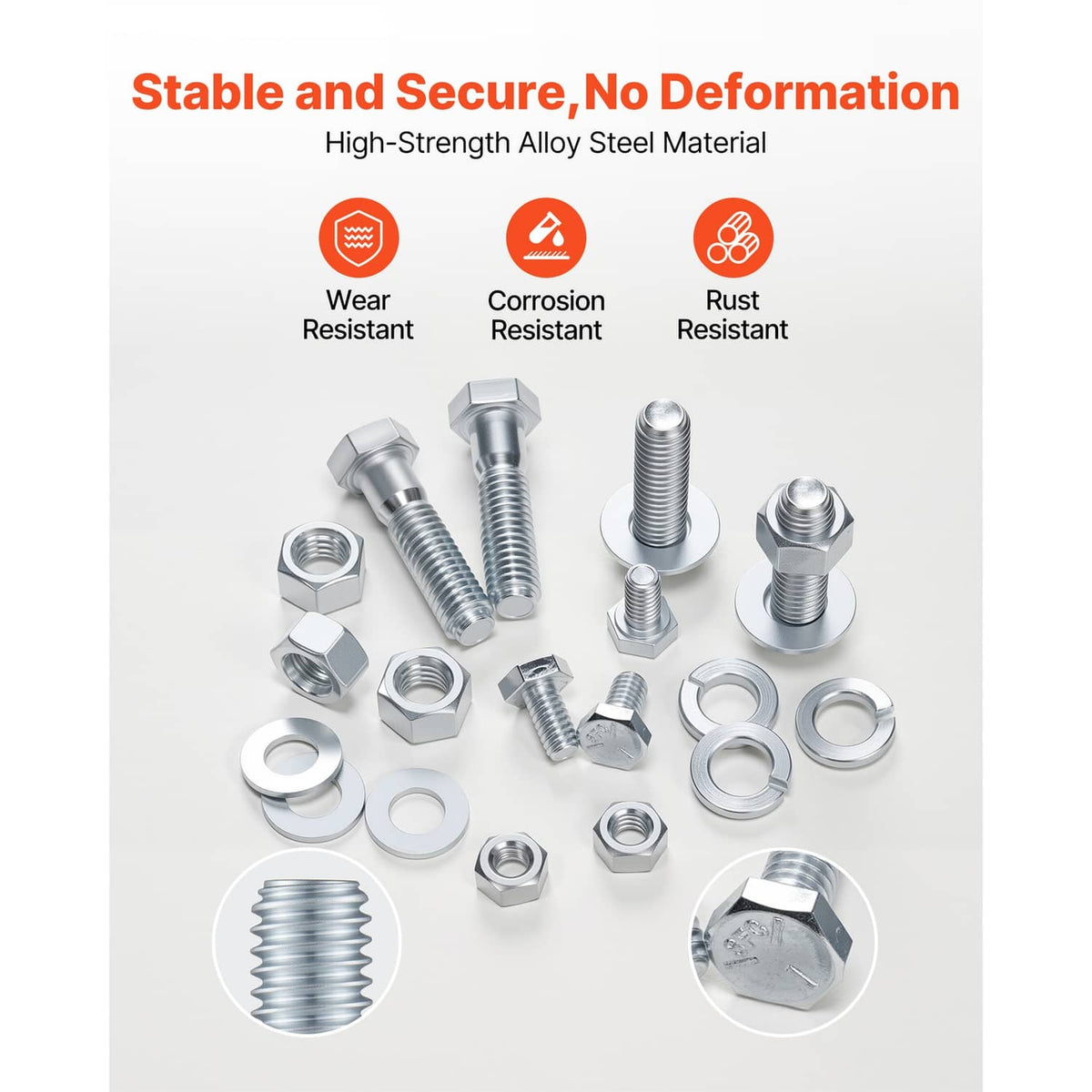 Assorted alloy steel bolts, nuts, and washers with silver hardware pieces