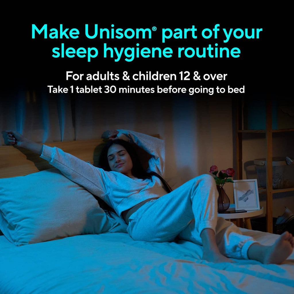 Sleeping adult in bed with sleep hygiene instructions overlay