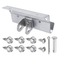 Silver trolley arm operator bracket with mounting holes and included screws, hardware kit