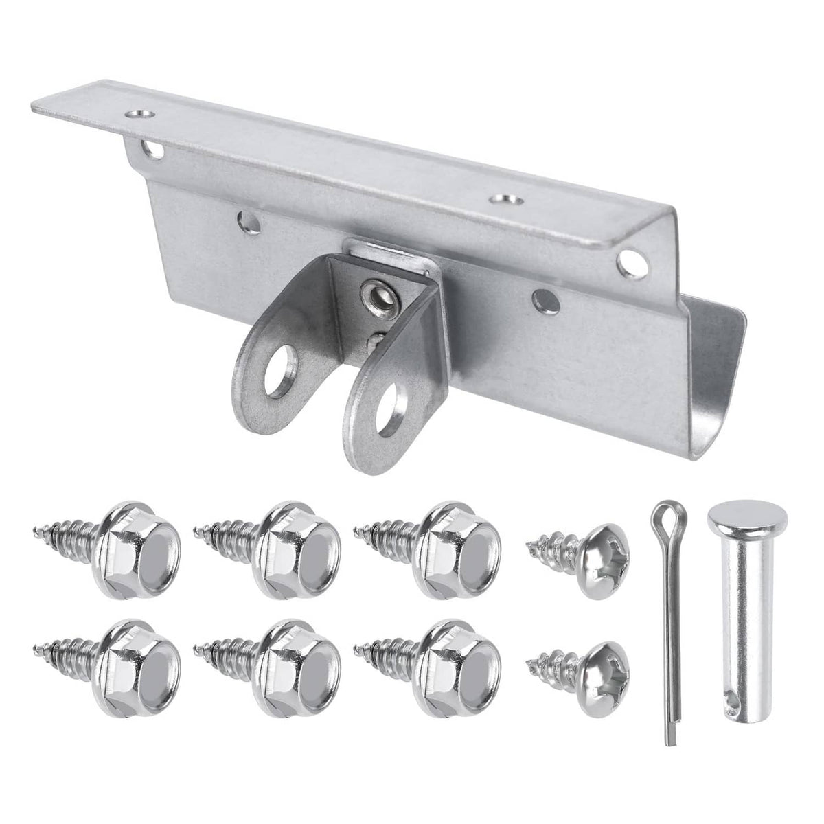 Silver trolley arm operator bracket with mounting holes and included screws, hardware kit