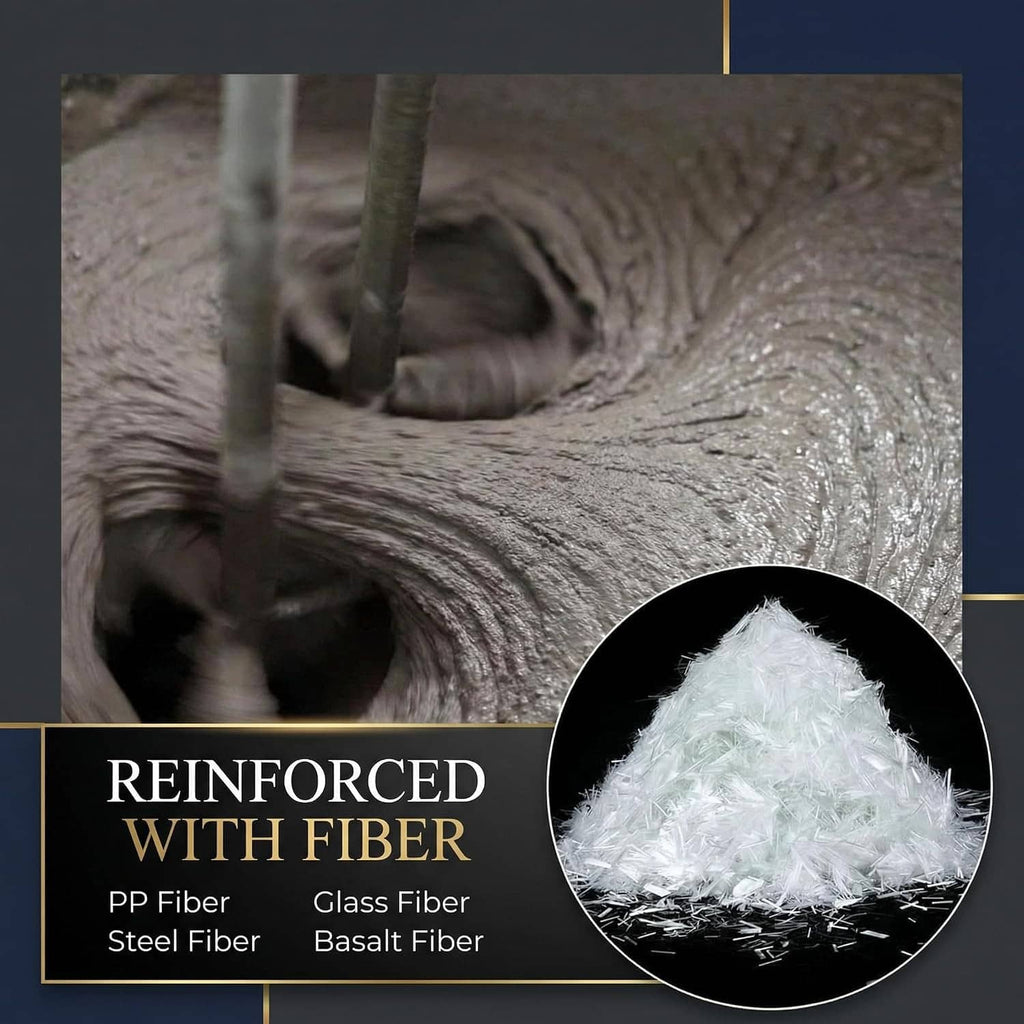 Reinforced concrete fiber blend with white glass fiber strands detail