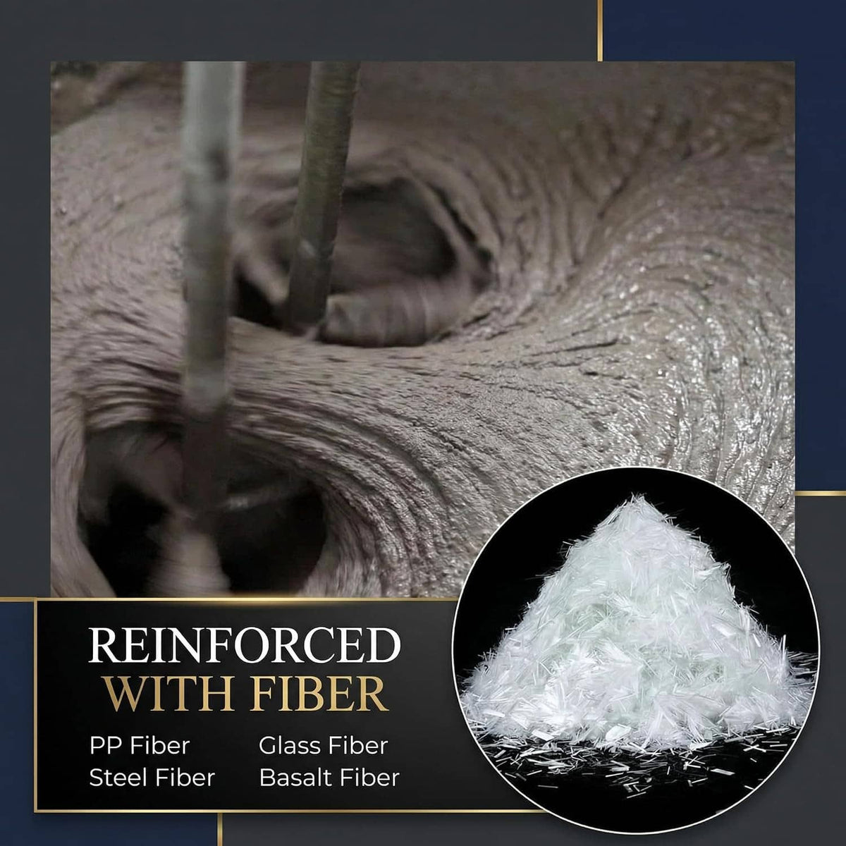 Reinforced concrete fiber blend with white glass fiber strands detail
