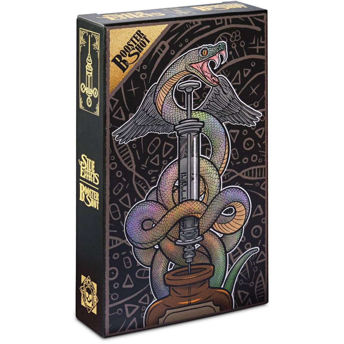Side Effects booster shot game box with illustrated angel, potion, and skull artwork