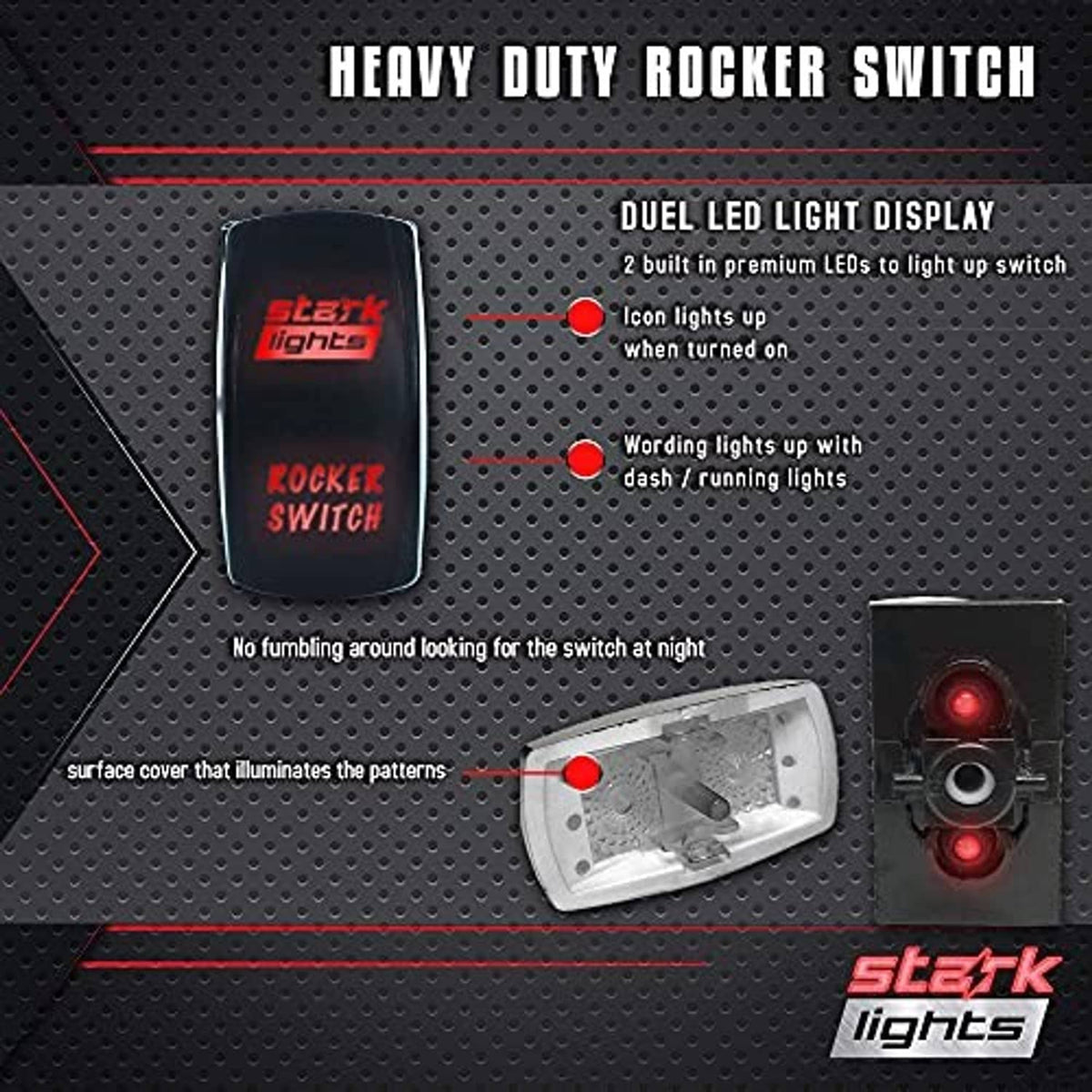 Heavy-duty rocker switch with dual red LED indicators on black perforated backing
