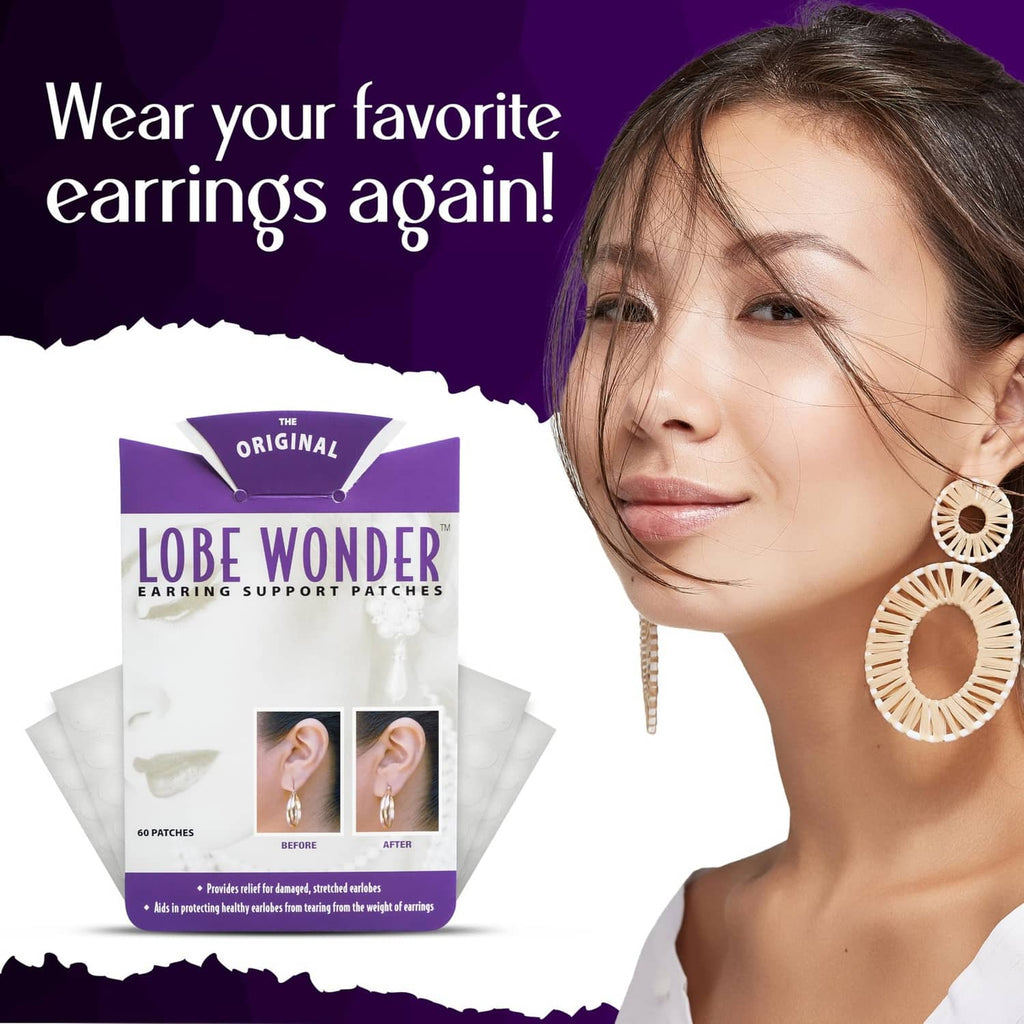 Clear ear support patch pack with loose patch sheets; worn with hoop earrings