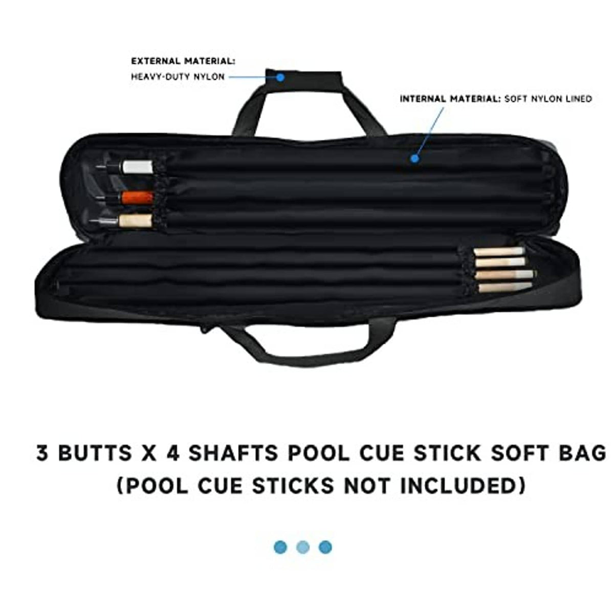 Black soft cue stick bag with heavy-duty nylon exterior and soft nylon lining