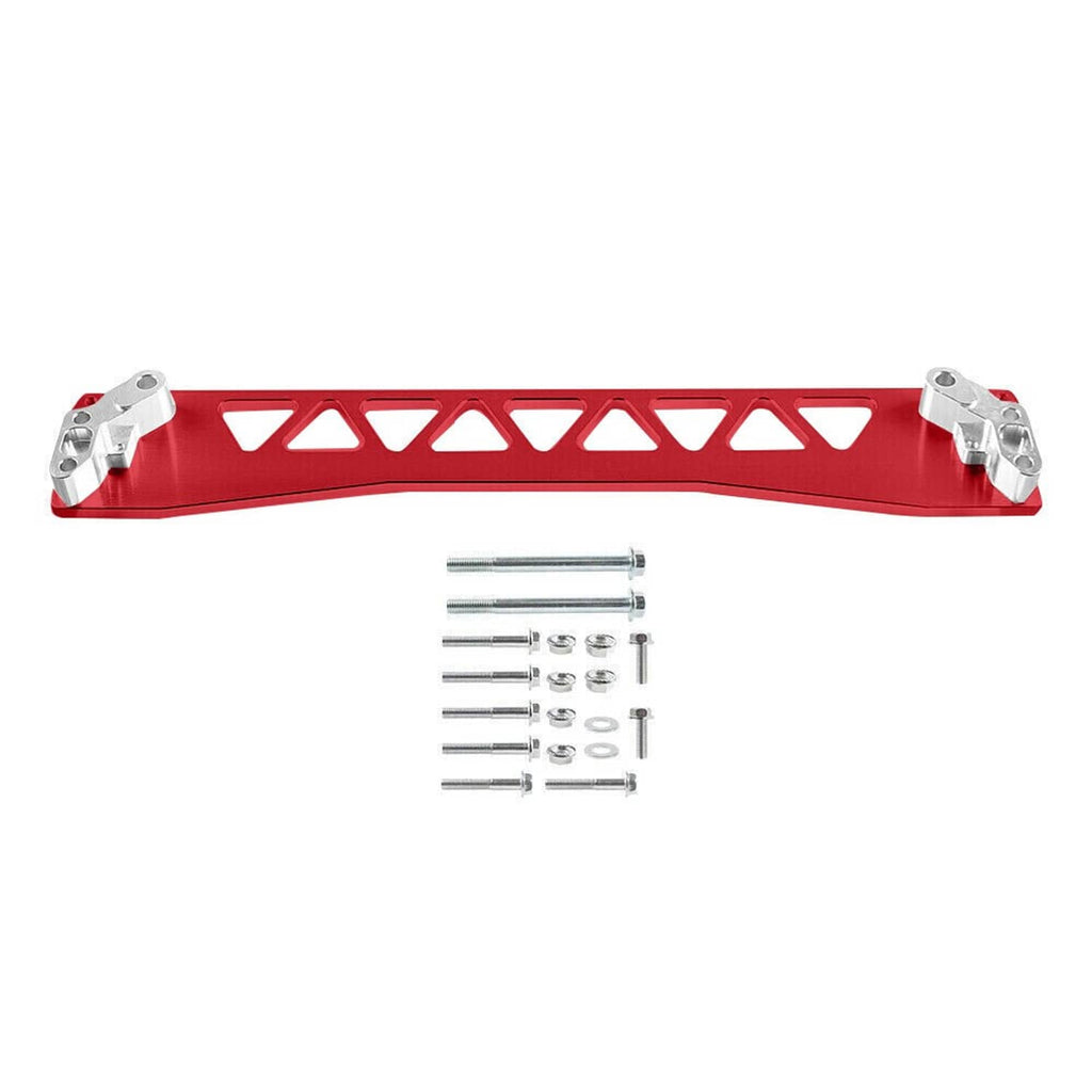 Red rear subframe tie bar brace with silver mounting brackets and bolt kit