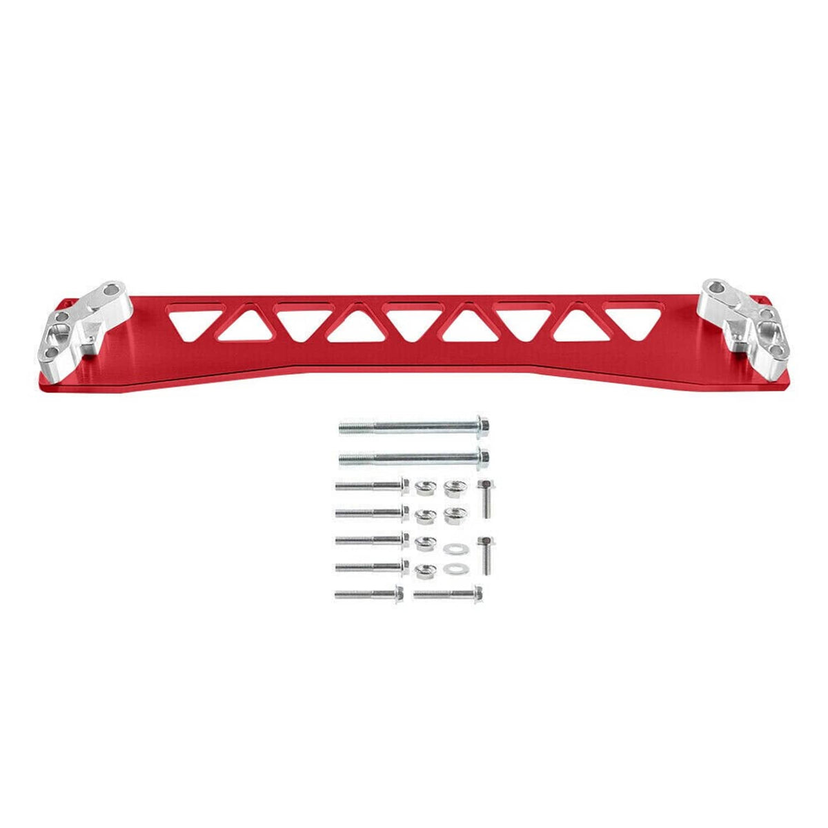Red rear subframe tie bar brace with silver mounting brackets and bolt kit