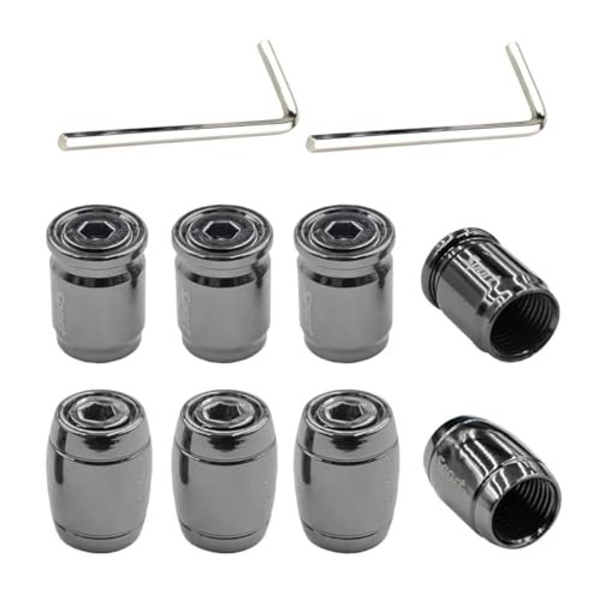 Set of dark tire valve stem caps with anti-theft cores and two L-shaped keys