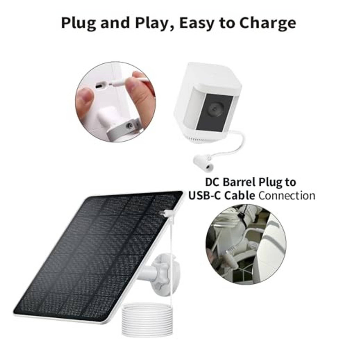 DC barrel plug to USB-C adapter cable with solar charging setup, white (2-pack)