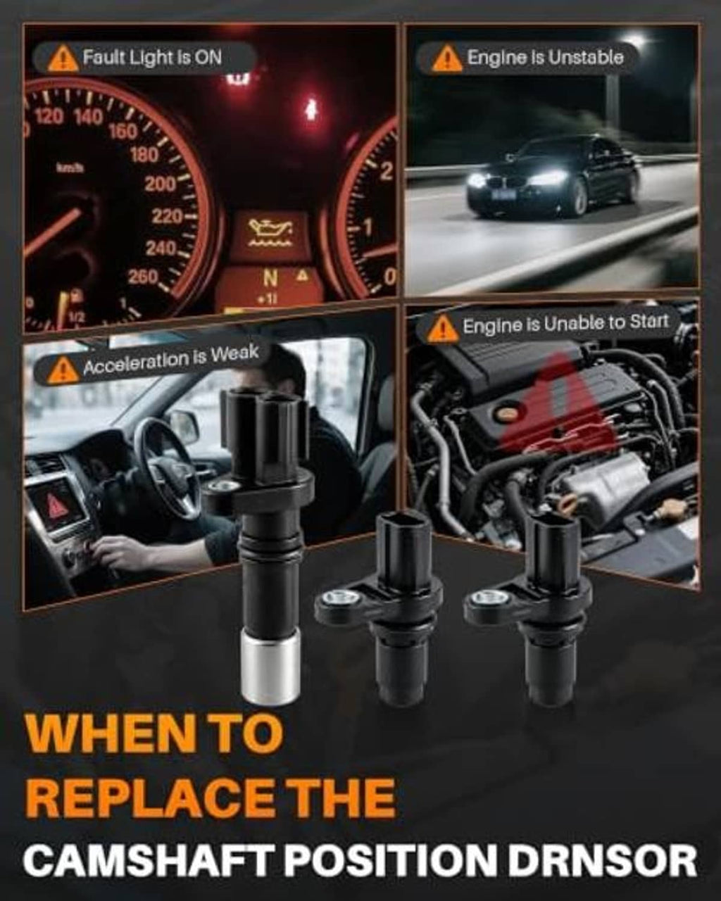Camshaft position sensor with black housing and silver metal tip on warning replacement graphic