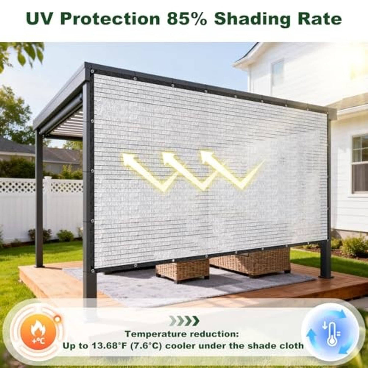 Shade cloth with metal grommets mounted on a frame, light gray reflective mesh