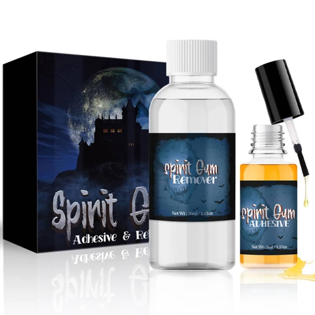 Spirit gum adhesive and remover set with amber bottle, clear remover bottle, and brush