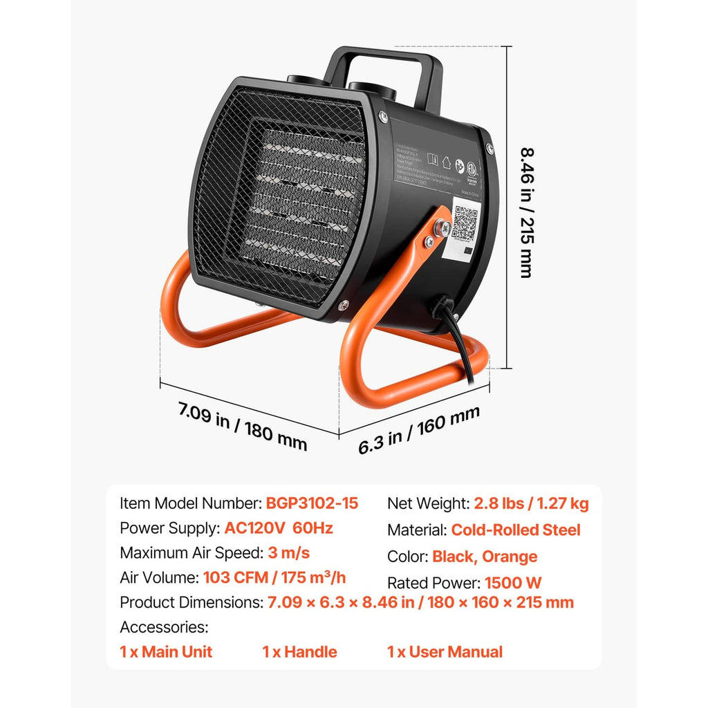 Electric greenhouse heater dimensions view, black body with orange U-shaped handles