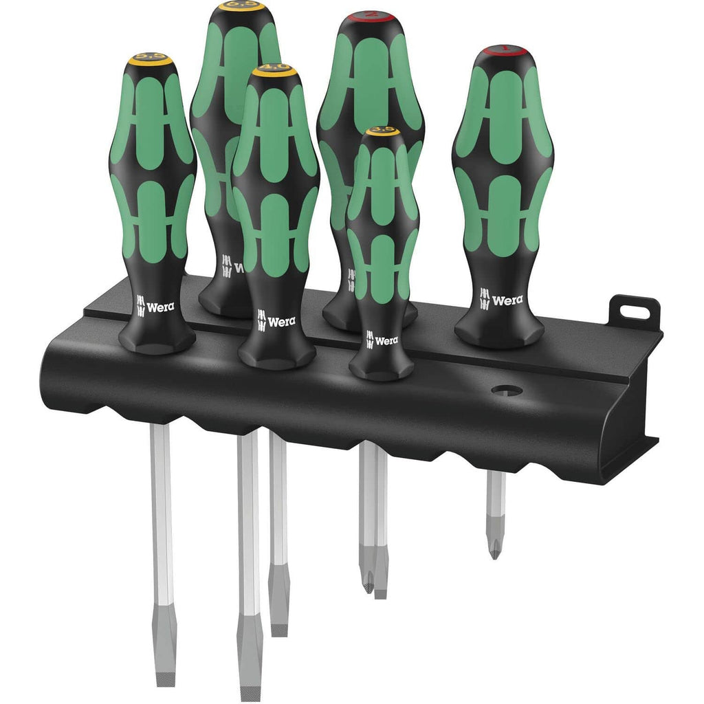 Rack-mounted driver set featuring five green/black handles and one gray extension