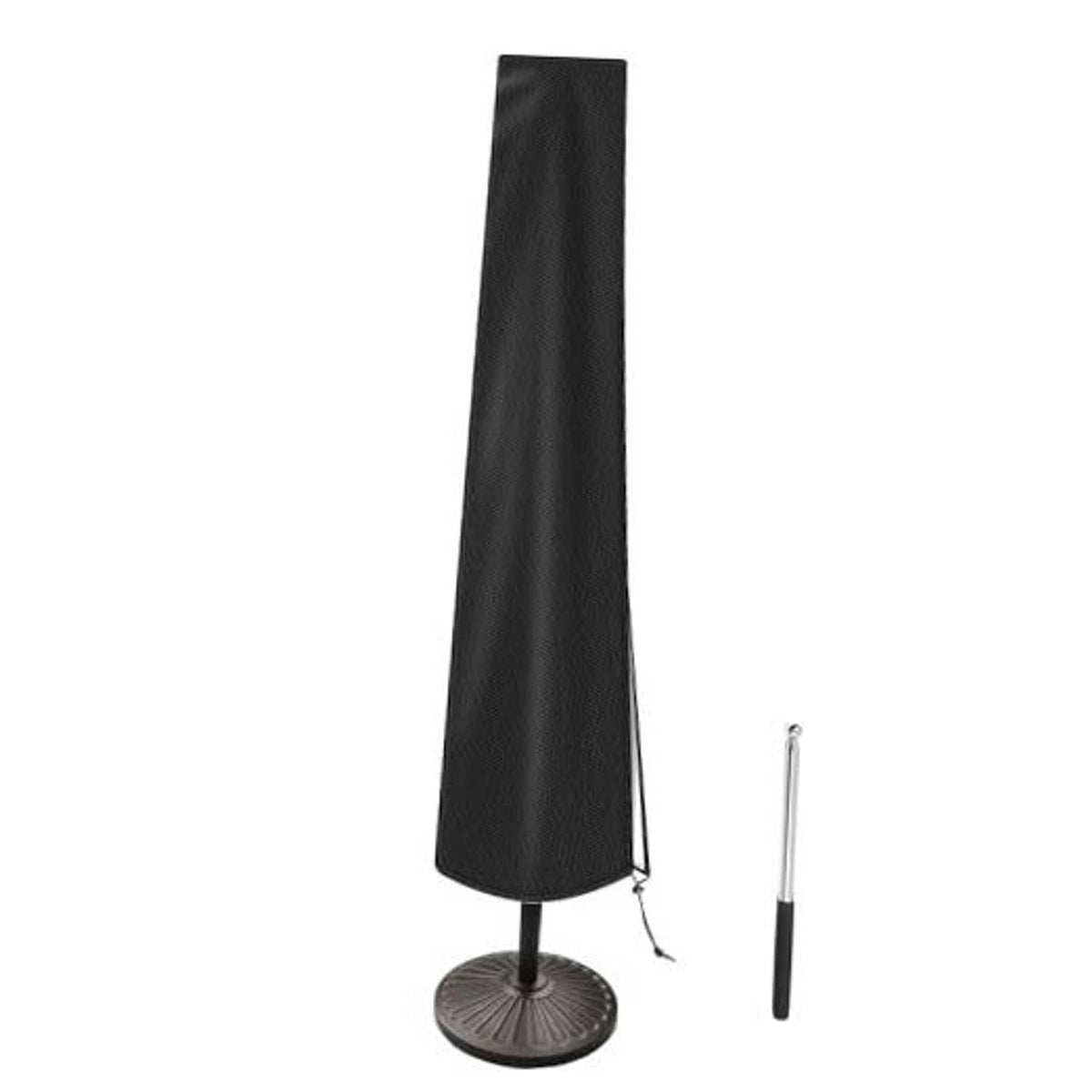 Black outdoor patio umbrella cover with drawstring tie and base grommets