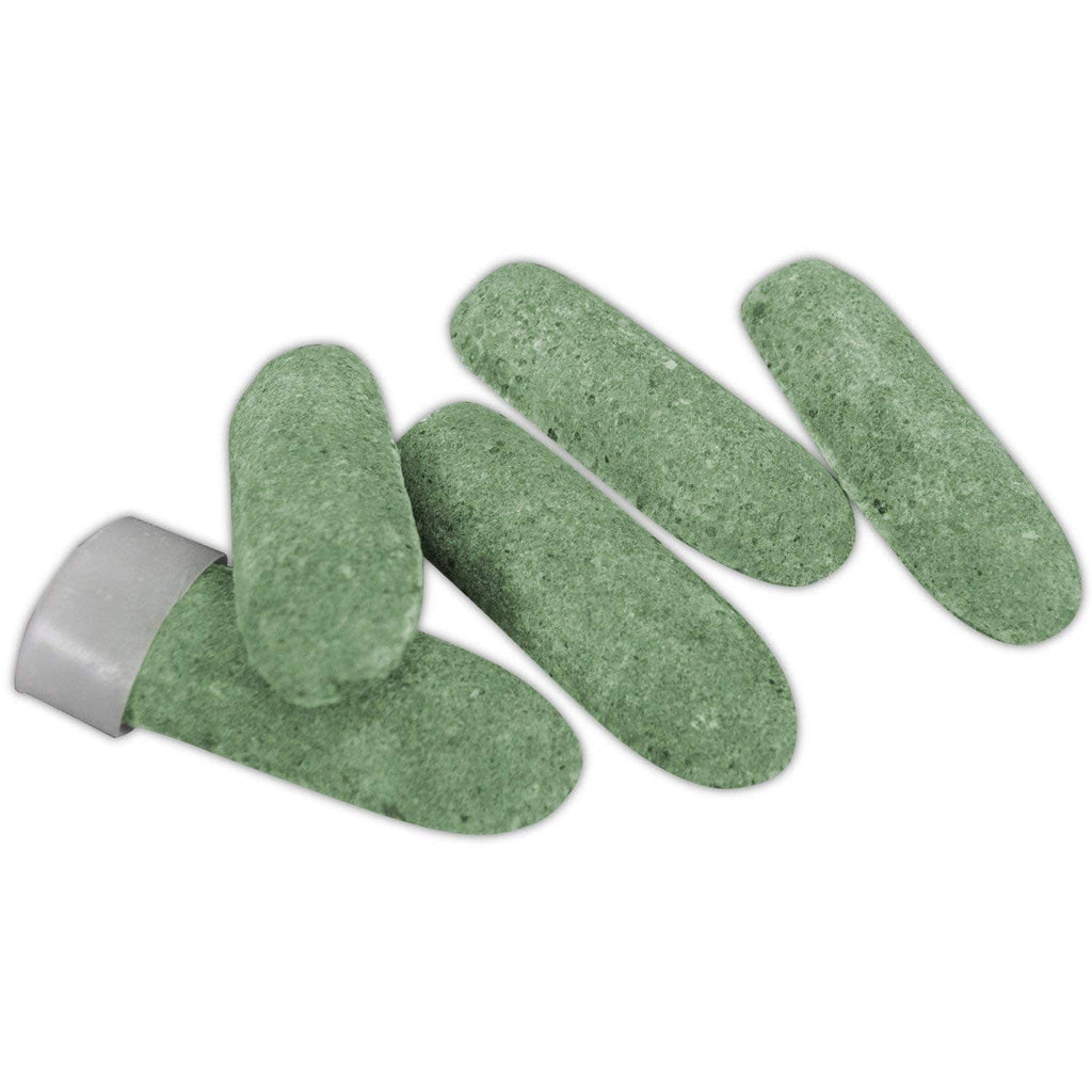 Green time-release fertilizer spikes with gray end caps, close-up
