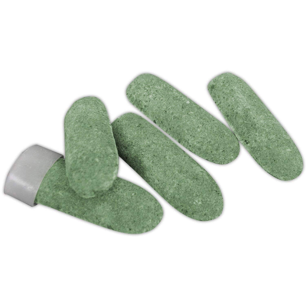 Green time-release fertilizer spikes with gray end caps, close-up