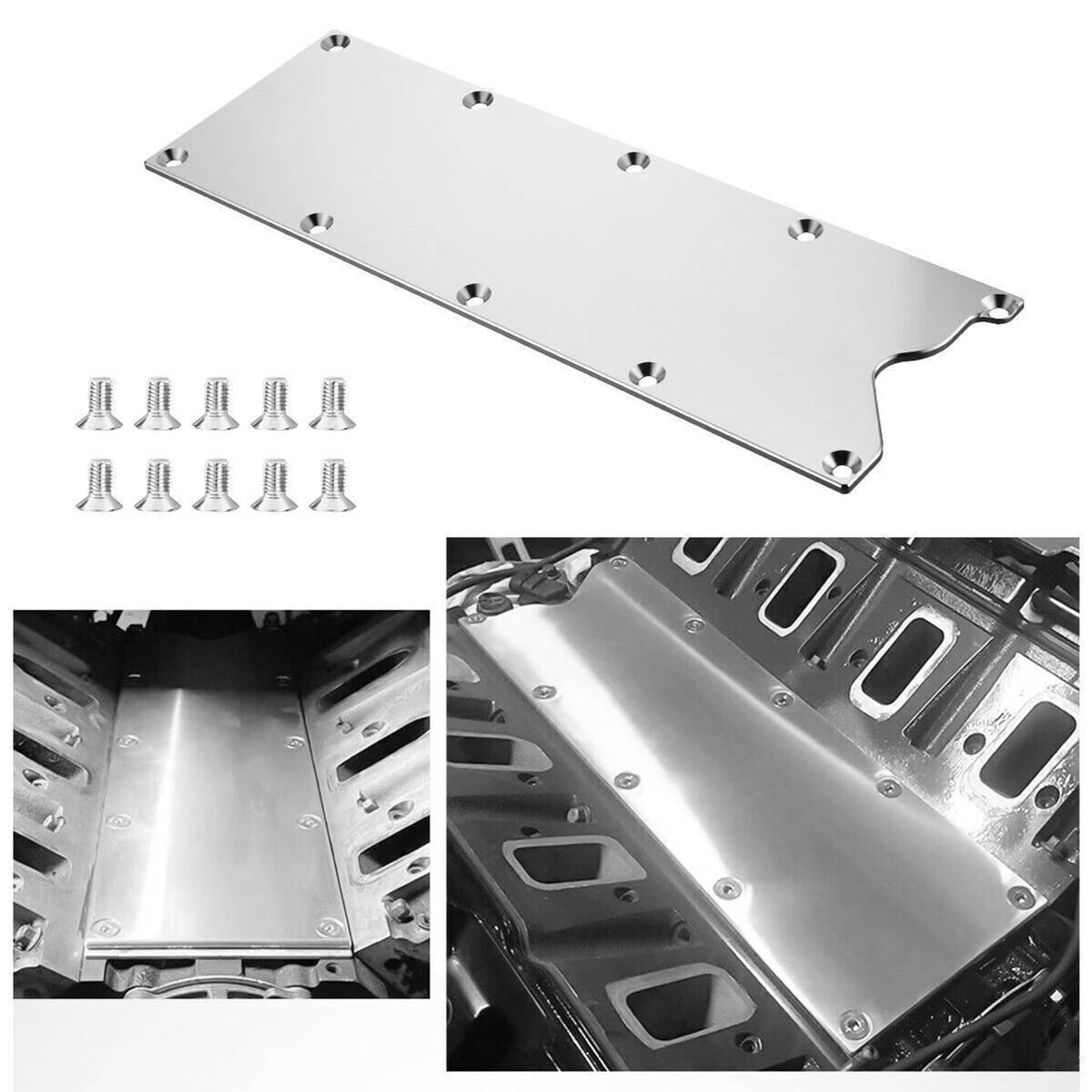Billet aluminum valley pan cover plate with hardware, flat profile and mounting points