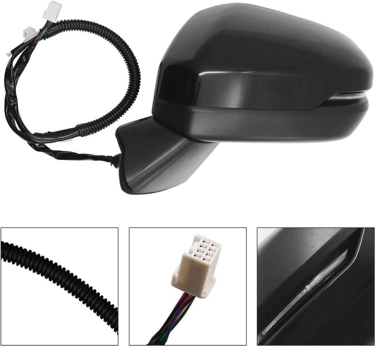 Side mirror housing with wiring cable bundle and glossy black finish