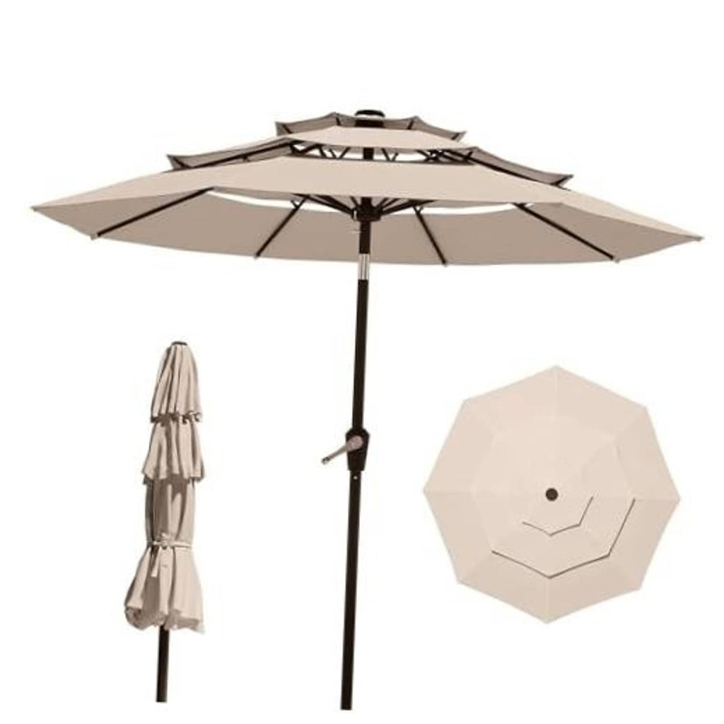 Beige 3-tier patio market umbrella with push pole and black frame, open canopy