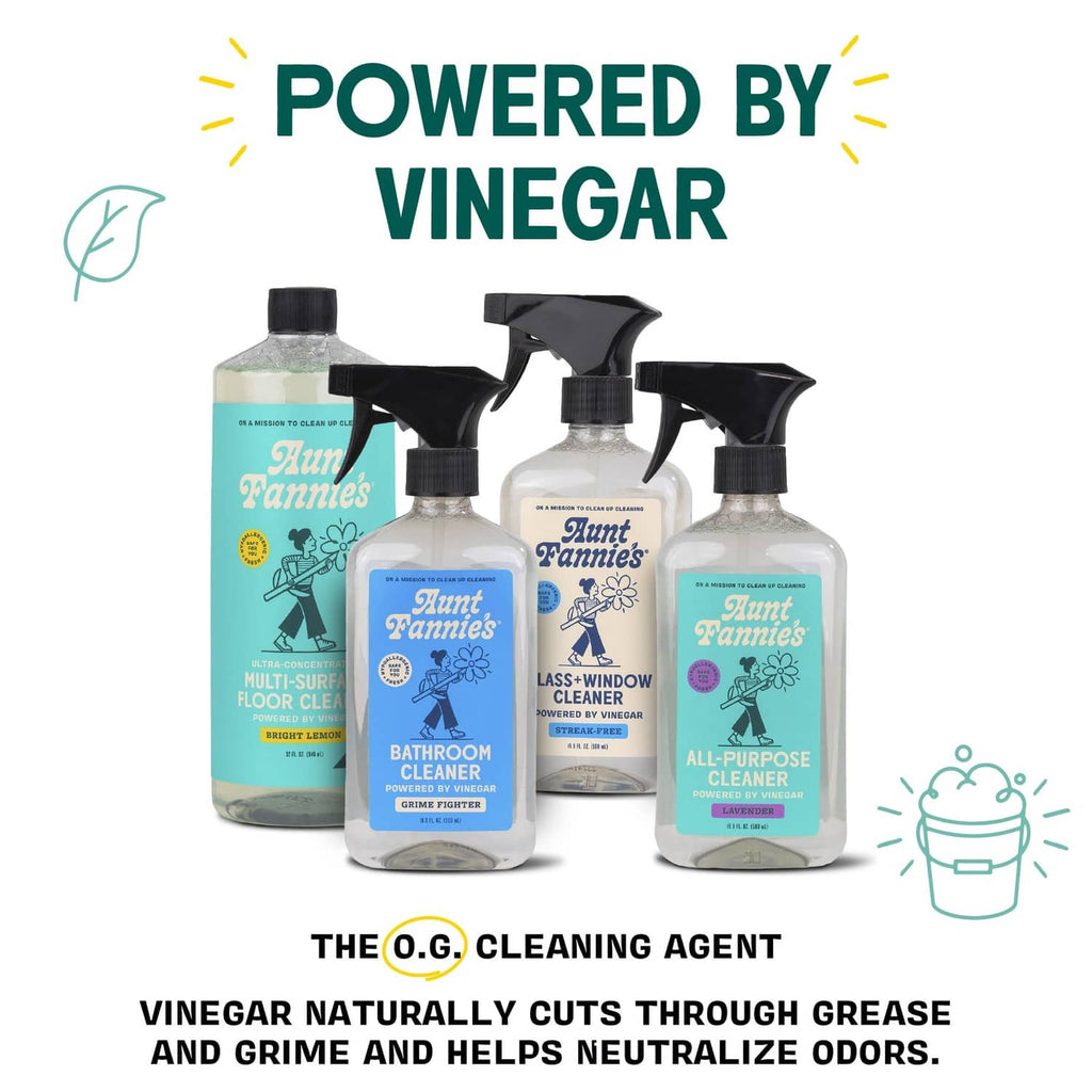 Aunt Fannie's vinegar-powered cleaning bottles set, including floor cleaner, lavender