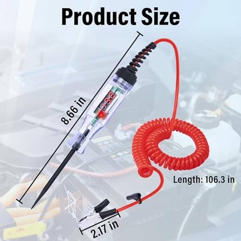 Automotive test light with red coiled cable and size labels for length and probe