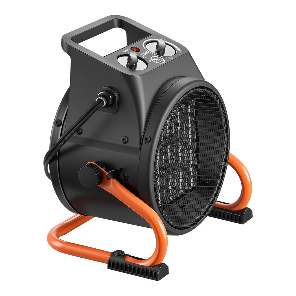 Portable electric greenhouse heater with front grill and orange handle base on stand