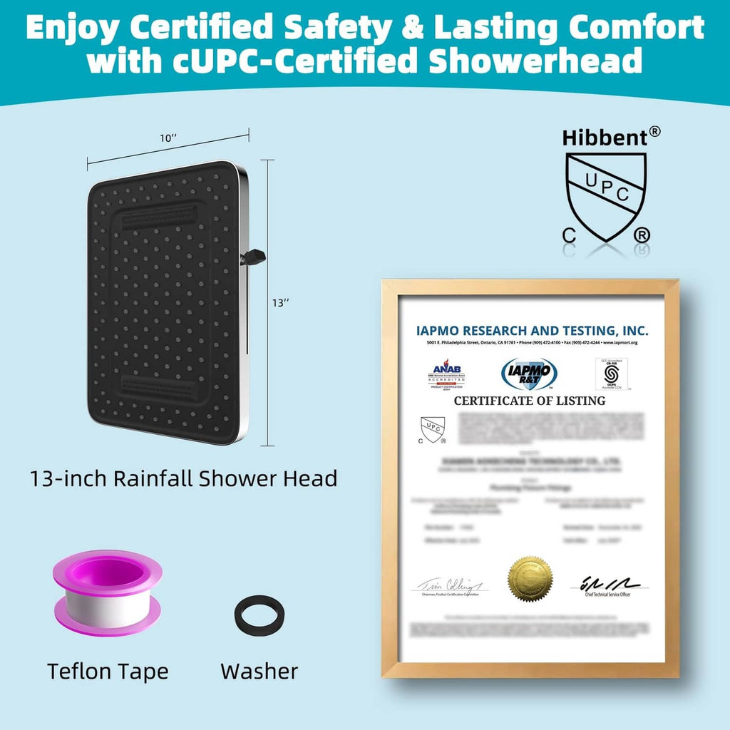 13-inch rainfall shower head shown with washer and Teflon tape accessories