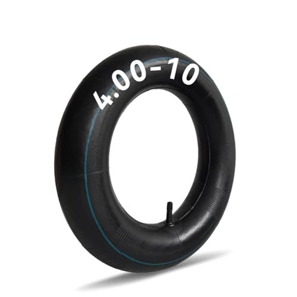 Black 4.00-10 inner tube with blue side stripe and straight valve stem