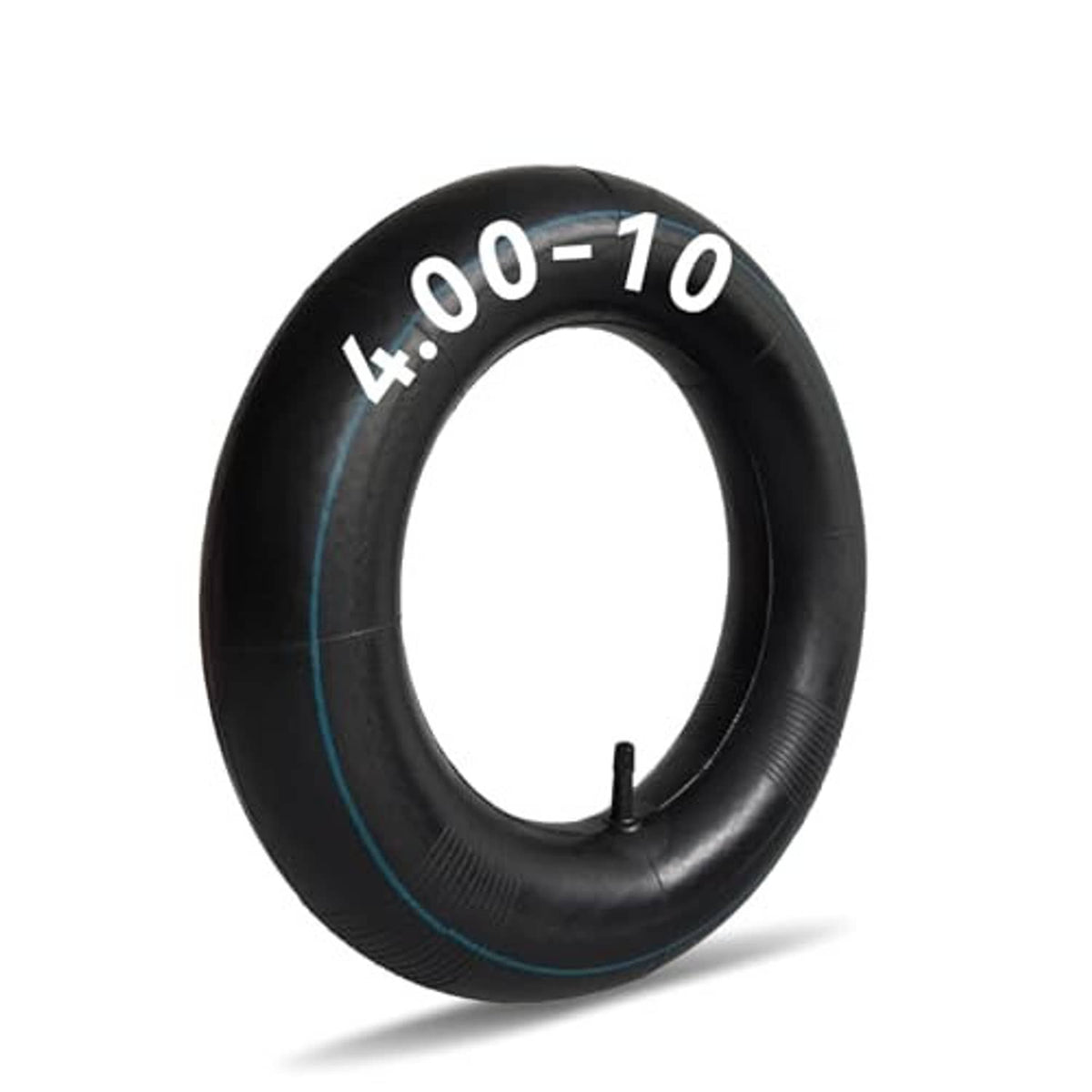 Black 4.00-10 inner tube with blue side stripe and straight valve stem