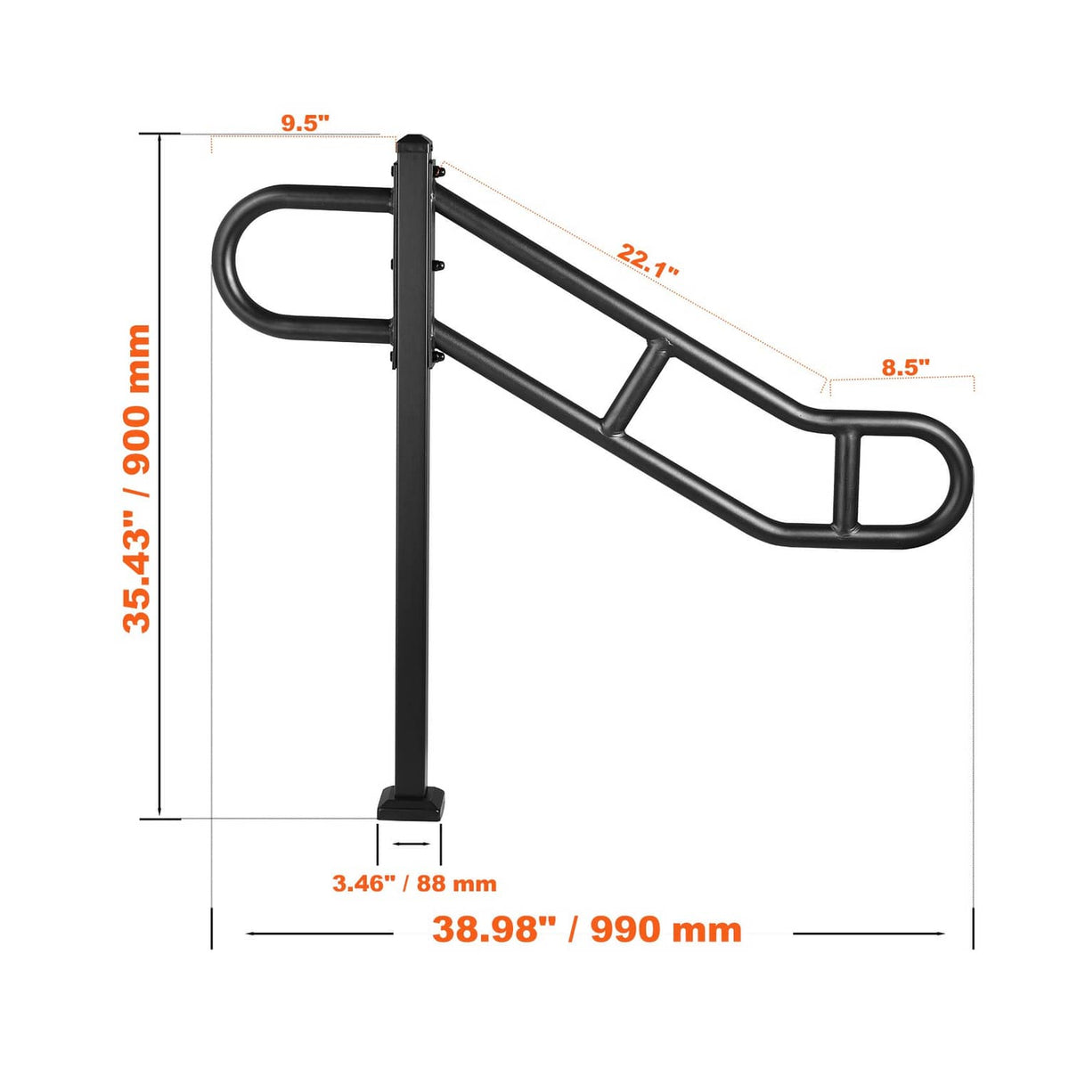 Black floor-mounted handrail on white with post and curved grip for step mounting