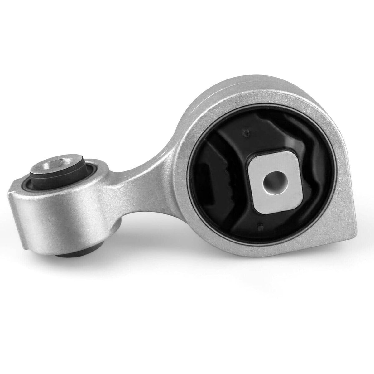 Front torque strut mount with silver metal bracket and black rubber bushing, front view