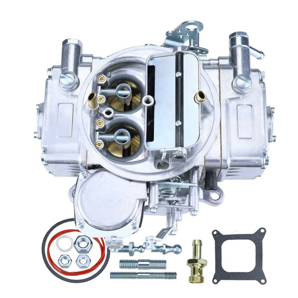 Silver 4-barrel carburetor assembly, top view with two bores and manual choke