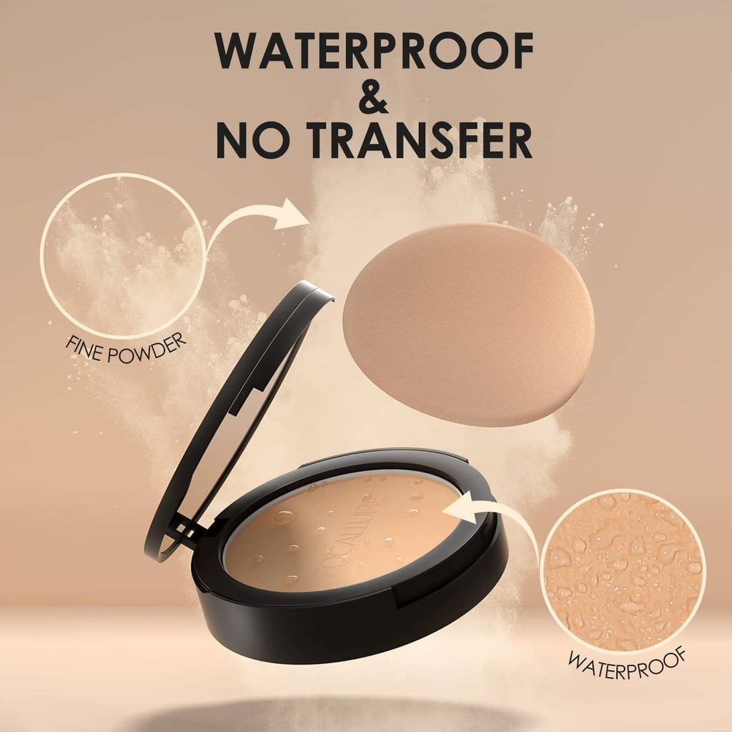 Pressed powder compact open with beige powder disc