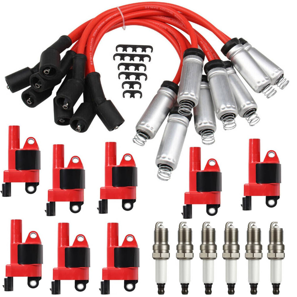 Complete ignition coil and spark plug wire kit with red wiring and terminals