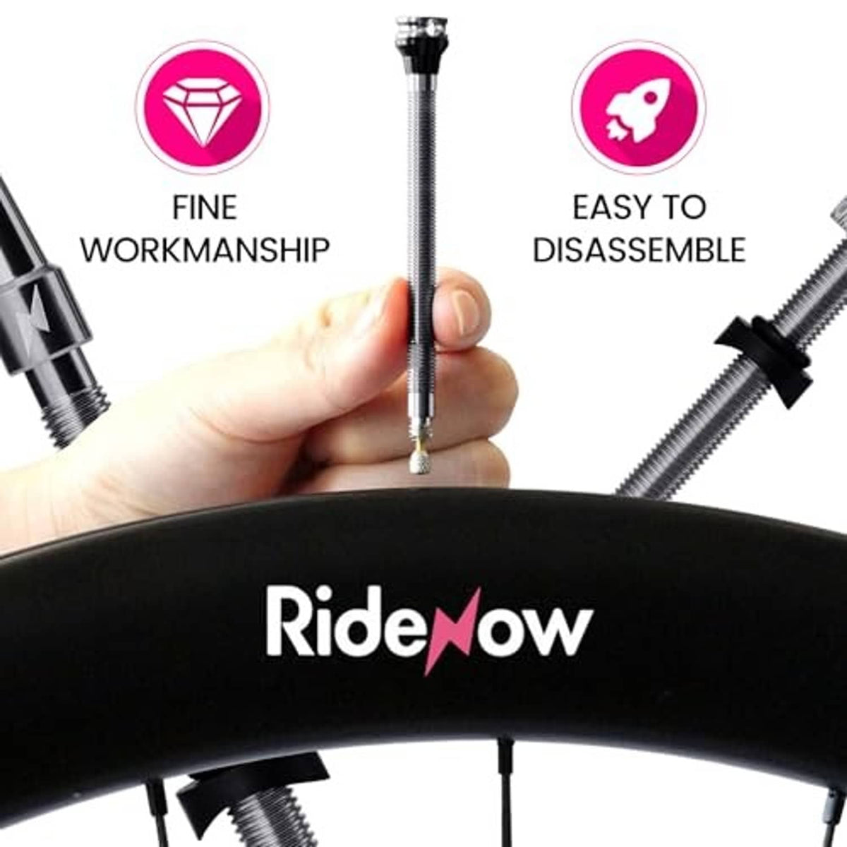 Presta tubeless valve stem held in hand with metal threads and rubber mounting base