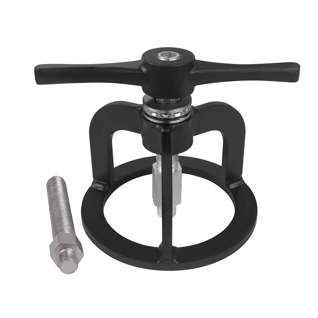 Black spring compressor tool with handle bar and threaded drive rod, plus alignment bolt