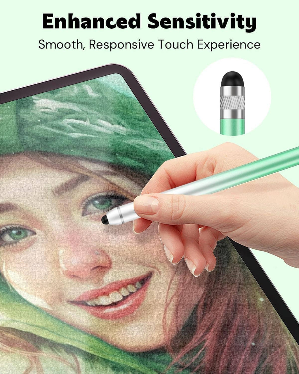 Capacitive stylus pen with silver barrel and black cap, held by hand on a tablet screen.