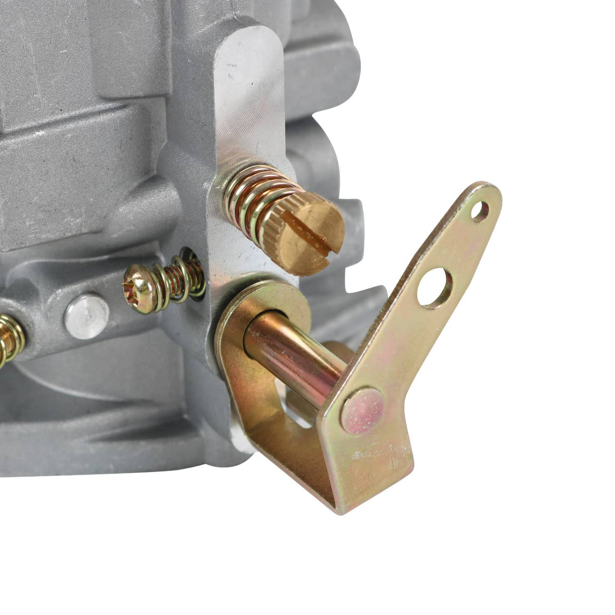 Carburetor with brass needle and linkage, gray cast housing, side detail