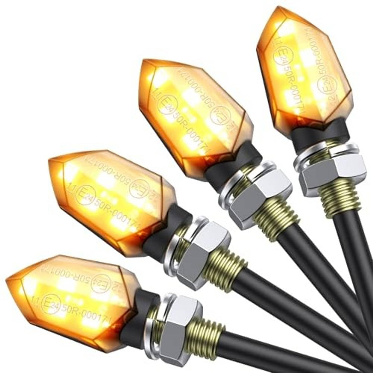 Four amber turn signal LED lights with black faceted lenses and chrome mounting hardware