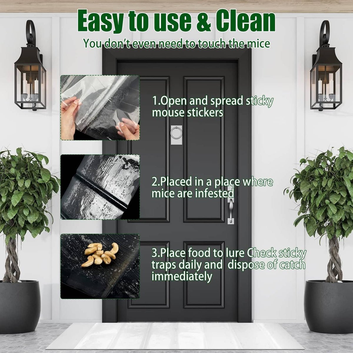 Black sticky mouse trap sheets with easy-use and cleanup instruction layout