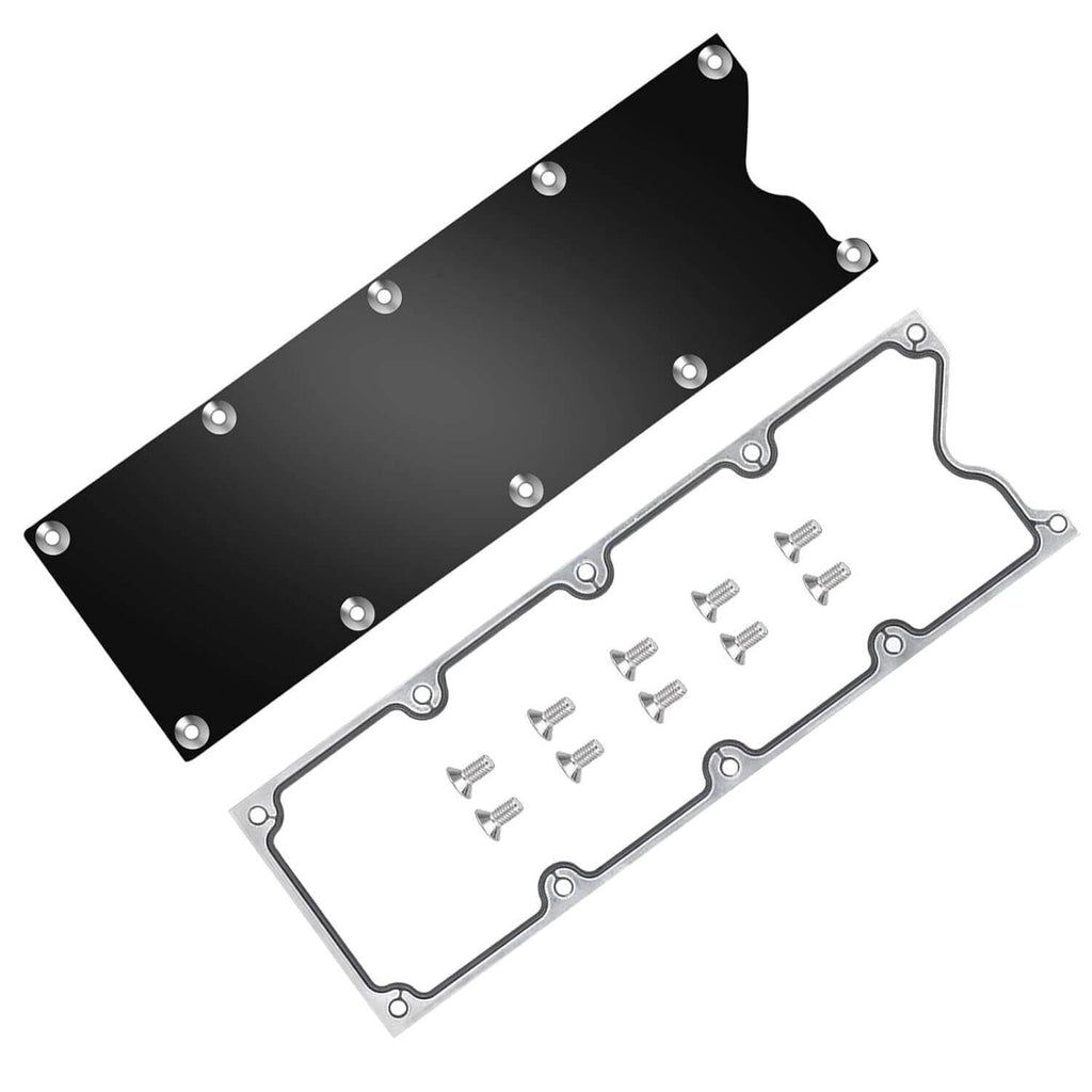 Black billet knock sensor delete plate with matching gasket and stainless bolts