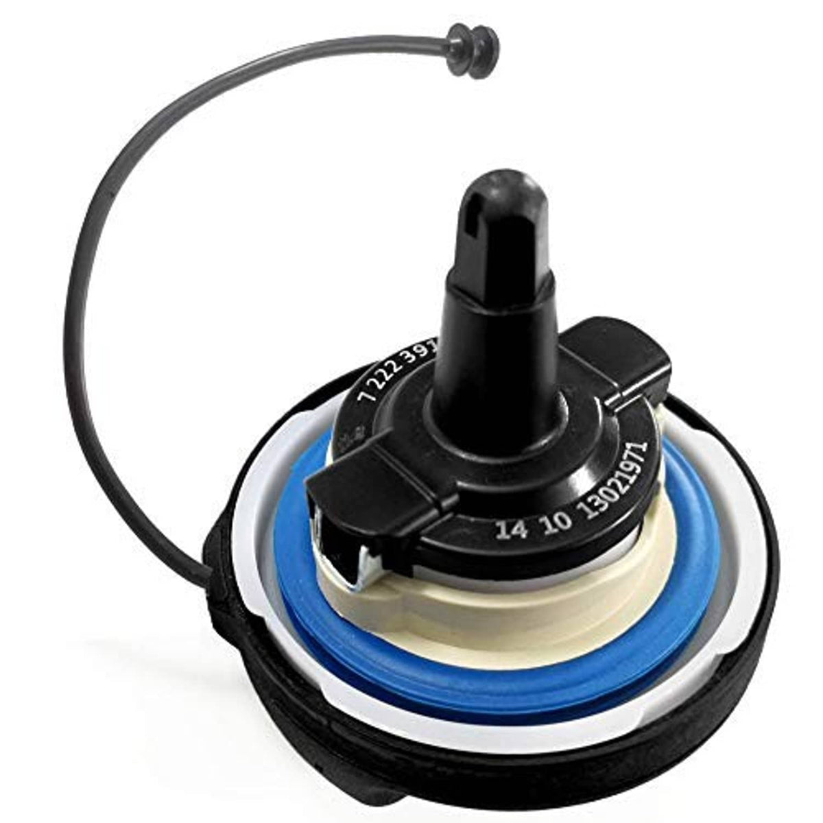 Fuel tank gas cap assembly with black body, hose, and blue sealing ring