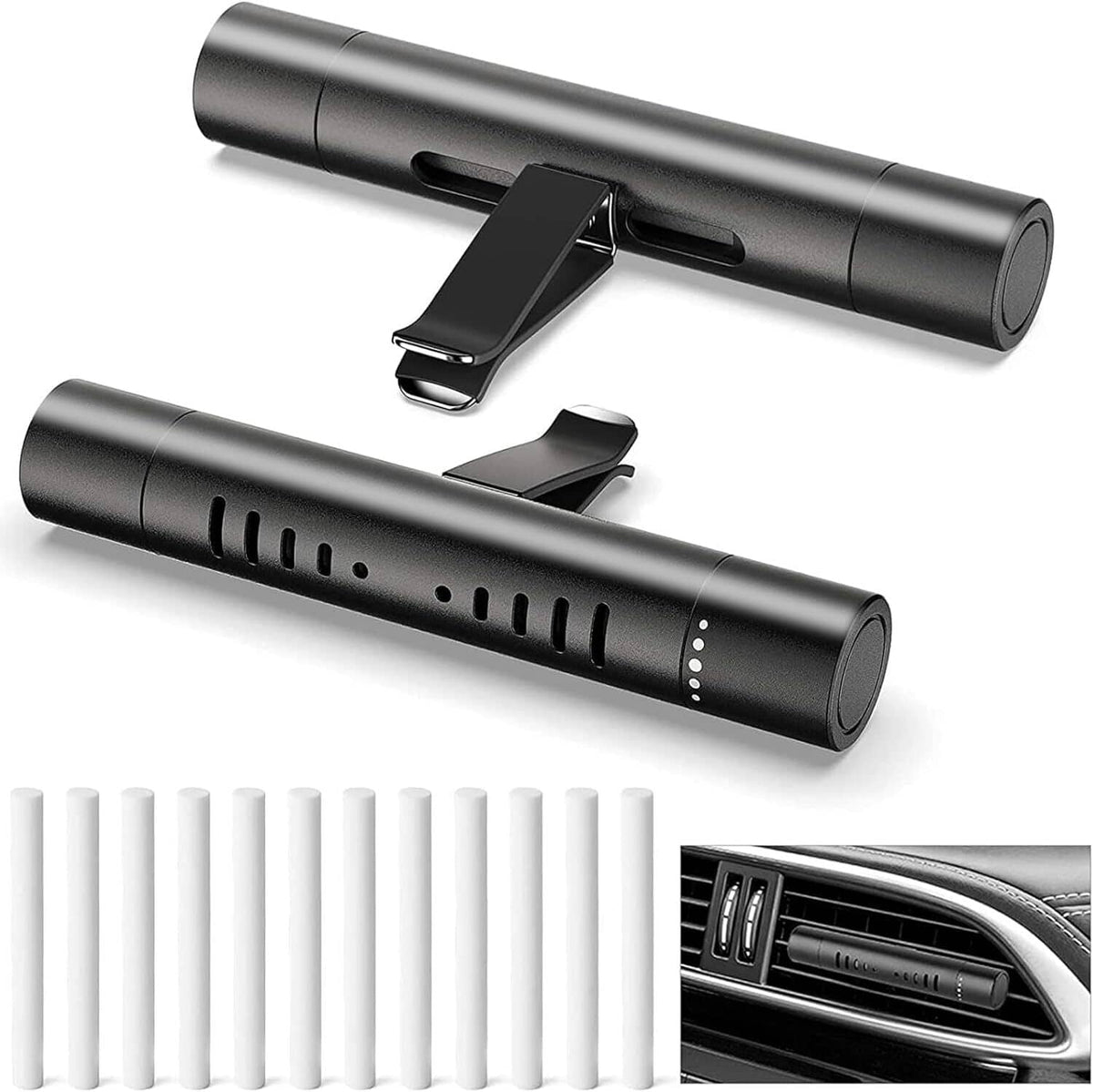 Car air freshener diffuser clips with two black holders and white unscented sticks